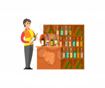 Sommelier bartender with wine glass bottles storing in cupboard vector. Woman working consultant of alcoholic drinks. Wine store professional worker