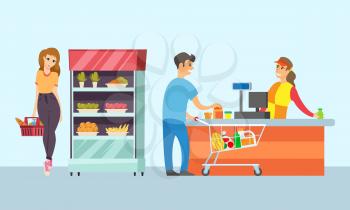 Supermarket store cashier and customers buying food vector. Lady by refrigerator with carrot and apples, holding basket with bread. Food shopping