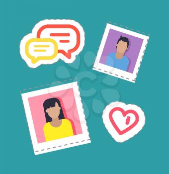 Bloggers male and female stickers set isolated patches vector. Chatting boxes and heart shape, man and woman people on photo. Bubbles for text content