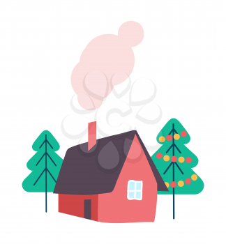 House and winter trees decorated with toys isolated set vector. Evergreen pine plants symbols of Christmas seasonal holiday. Home with chimney smoke