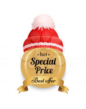 Hot special offer lettering label with knitted red hat with pom-pom vector. Warm headwear item, winter cloth thick wool yarn, hand knitting headdress