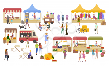 Marketplace, stalls of sellers and shopping people vector. Clothes and food shops butchery and backery with meat and bread. Cafe and resting customers