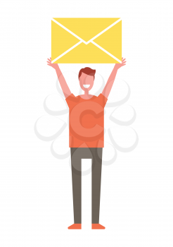 Happy person holding closed letter in his hands. Delivery of post vector emblem, smiling man with envelope, isolated badge of cartoon style close-up