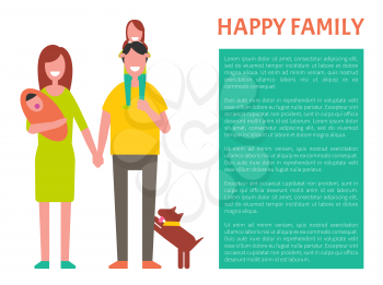 Happy family parents and kids poster with text sample in block. Woman holding husband by hand vector. Spouse with children having fun isolated people