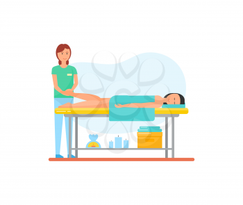 Massage therapy foot treatment and pain relief, procedure done by specialist masseuse vector. Isolated icon with aroma candles and oils lotions usage