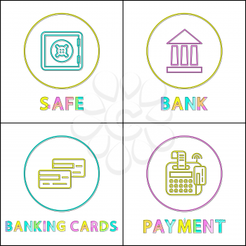 Safe online bank round linear bright icons set. Internet money operations special buttons outline templates isolated cartoon vector illustrations.