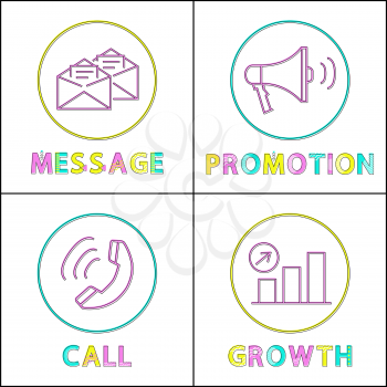 Message and promotion, call and growth of chart icons set. Letters in envelope and loudspeaker. Phone and diagram isolated on vector illustration