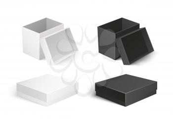 Cardboard boxes made of carton material, small container for products storage and transportation. Icons of square shape and flat top packaging vector
