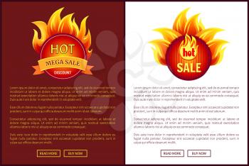 Blazed signs with flame, informative banners with promo offers vector illustrations. Mega sale burning labels with info about discounts, web posters set.