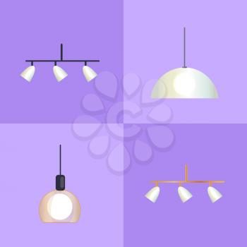Set of distinct shapes lamps vector illustration with semicircle and oval lustres made in minimalistic style isolated on bright lilac backgrounds