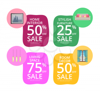 Home interior room decor living space sale banners, vector illustration with colorful advertising cards with various decor elements and promo text