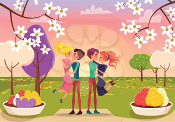 Girls jump in their boyfriends embraces in bright spring park with blooming trees and flower beds at sunset vector illustration.