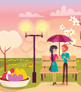 Happy couple in love under purple umbrella near wooden branch, bright streetlight and flower bed in park vector illustration.