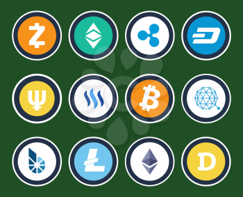 Modern cryptocurrency signs inside circles isolated cartoon flat vector illustrations set on dark green background. Digital money icons collection.