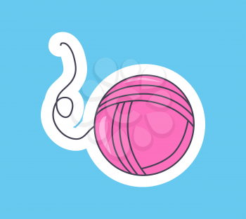 Beautiful pink filar ball, vector illustration of cute clew with white framing and abstract tail, good toy for kitten, isolated on blue background