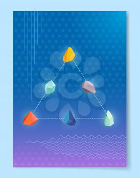 Triangle made of natural stones that illuminate light connected with thin line vector illustration with geometric pattern on gradient background.