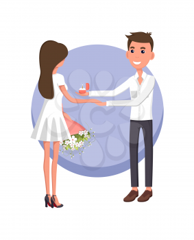 Boyfriend making proposal to girlfriend wearing white dress and holding bouquet, poster with happiness and good feelings vector illustration