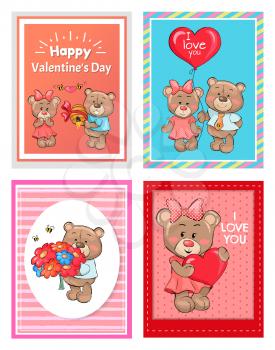 Happy Valentine day I love you set of posters teddy-bears with presents as balloon, bouquet of flowers, hive with honey to 14 February holiday vector