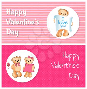 Happy Valentines day banners two bears male teddy going to present flower to female soft toy, bear with poster I love you vector greeting cards design