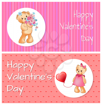 Happy Valentines day collection of banners with male holding flowers and female bear wearing dress and holding balloon vector illustration
