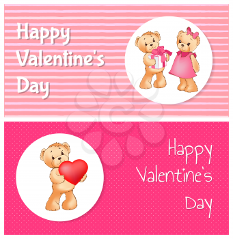 Happy Valentines day poster with two bears male going to present gift box to his passion love, teddy hold his heart in hands vector greeting cards
