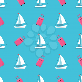 Business travelling pattern with icons of ship and baggage of pink color, tourism and recreation, vector illustration isolated on blue background