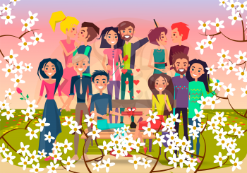 Many loving couples in spring flowering square vector illustration. Young people gives presents, makes selfie, looks into each other s eyes.