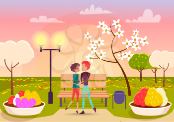 Couple holds each other hands and looks eyes to eyes near streetlight and wooden bench, between flower beds vector illustration.