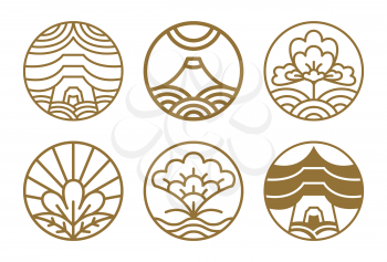 Japanese icons set flowers in blossom, images of traditional objects, floral patterns, mountain and lines, vector illustration isolated on white