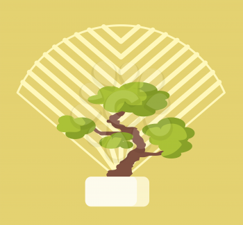 Green bonsai tree in white pot with pattern in form of fan behind on beige background. Japanese floristic composition cartoon vector illustration.