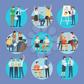 Start up people set of posters, workers and teamwork, conference and meeting of businessman, whiteboard and diagram, isolated on vector illustration