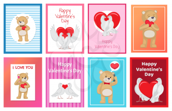 Cute soft toy bears and white doves couples in love with red hearts isolated cartoon banners vector illustrations for valentines day.