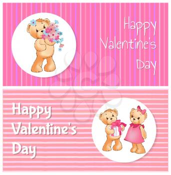 Happy Valentines day poster with two bears male teddy going to present gift box to female soft toy, girl with bouquet of flowers vector greeting cards