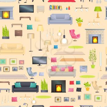 Modern and stylish interior design elements set. Comfortable furniture, bright lightening, decorative cushions and indoor plants vector illustrations.