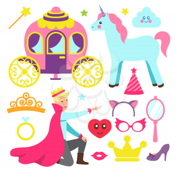 Accessories for princess party and fairytale prince. Funny unicorn, magic carriage, bright masks and gold crown isolated vector illustrations set.