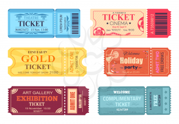 Theatre cinema ticket best party gold welcome holiday art gallery complimentary free coupon with control code vector illustration set of papers