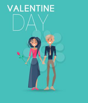 Couple in love on celebratory valentine day card vector illustration. Smiling woman holds pink flower and mans hand isolated on blue.