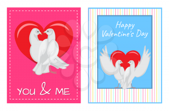 Gorgeous white doves couples in love with big red heart between or behind them isolated cartoon flat vector illustrations set for Valentines day.