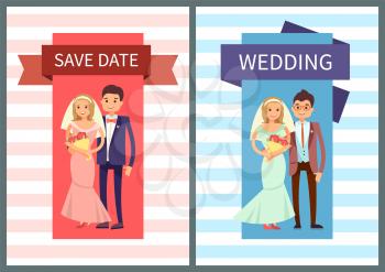 Save date and wedding set of banners and pattern made of stripes, bride in dress and groom happy together, headline on ribbon vector illustration