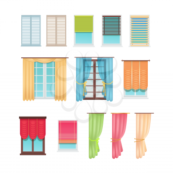 Luxurious curtains made of dense and light fabric and practical jalousies of plastic and wood hang on windows isolated cartoon vector illustrations.