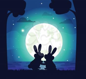 Silhouette of night sky and bunnies cuddling, stars and full moon, water and trees, romantic landscape on bank of river, vector illustration