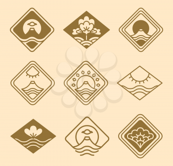 Japanese icons floral set, icons of sun, volcano and eruption, lotus and traditional images, vector illustration isolated on brown background