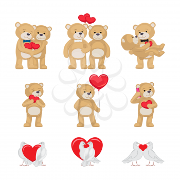 Cute soft toy bears that hold hands and kiss and white doves couples in love with red hearts isolated cartoon vector illustrations for valentines day.