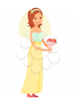 Happy bride isolated on white vector illustration of smiling woman in bright yellow and blue gown with light veil and cute bouquet, pretty pink shoes