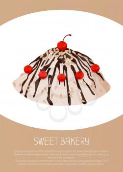 Tasty cake, sweet bakery made of tender cream with liquid dark chocolate and sweet cherries on top isolated cartoon flat vector illustration on white background.
