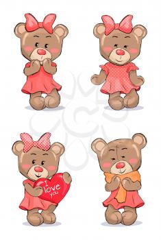 Cute female bear in pink dress with bow on head that holds big red heart and wrapped in scarf isolated vector illustrations set on white background.