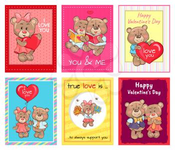 Happy Valentines day set of posters, true love is an always support, teddy girl in cheerleading uniform, lovers holds air balloon, read books vector