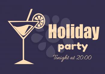 Holiday party invitation poster tonight at 20.00 with martini cocktail, straw and orange slice vector illustration outline silhouette isolated on blue