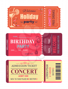 Welcome holiday party, cocktail and lemon slice, birthday invitation, free drinks and fun, concert ticket collection vector illustration isolated