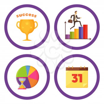 Gold cup for success, bright graphics with businessman who runs up and sand clocks and paper calendar isolated cartoon flat vector illustrations.